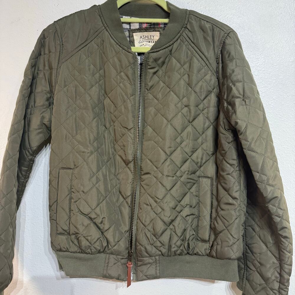 Ashley Olive Green Quilted Bomber Jacket Plaid Lined Sz M - Picture 3 of 9